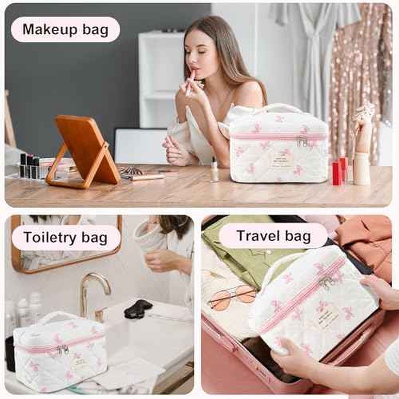 Makeup Bag, Quilted Bow Cosmetic Bag, Large Travel Aesthetic Make up Bag, Cute Coquette Toiletry Bag for Women Girls
