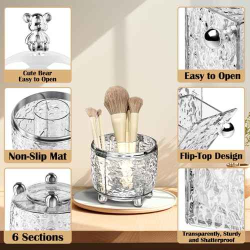 Makeup Brush Holder Organizer with Lid, 360¡ÆRotating Dustproof Makeup Brushes Organizer, 4 Compartment Make Up Brushes Cup for Vanity Desktop Bathroom Countertop (Transparent)