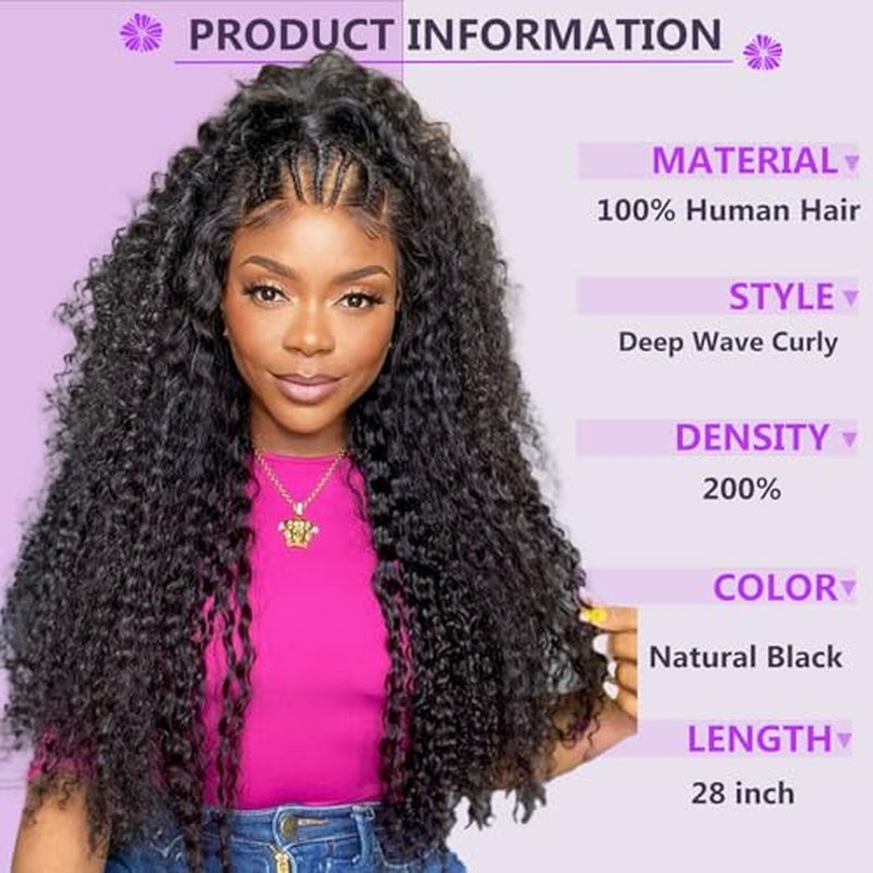 200% Density Deep Wave Lace Front Wigs Human Hair 13X6 HD Lace Frontal Curly Human Hair Wig Fluffy Natural Pre Plucked Wet And Wavy Wigs for Black Women Girl(28 Inch)