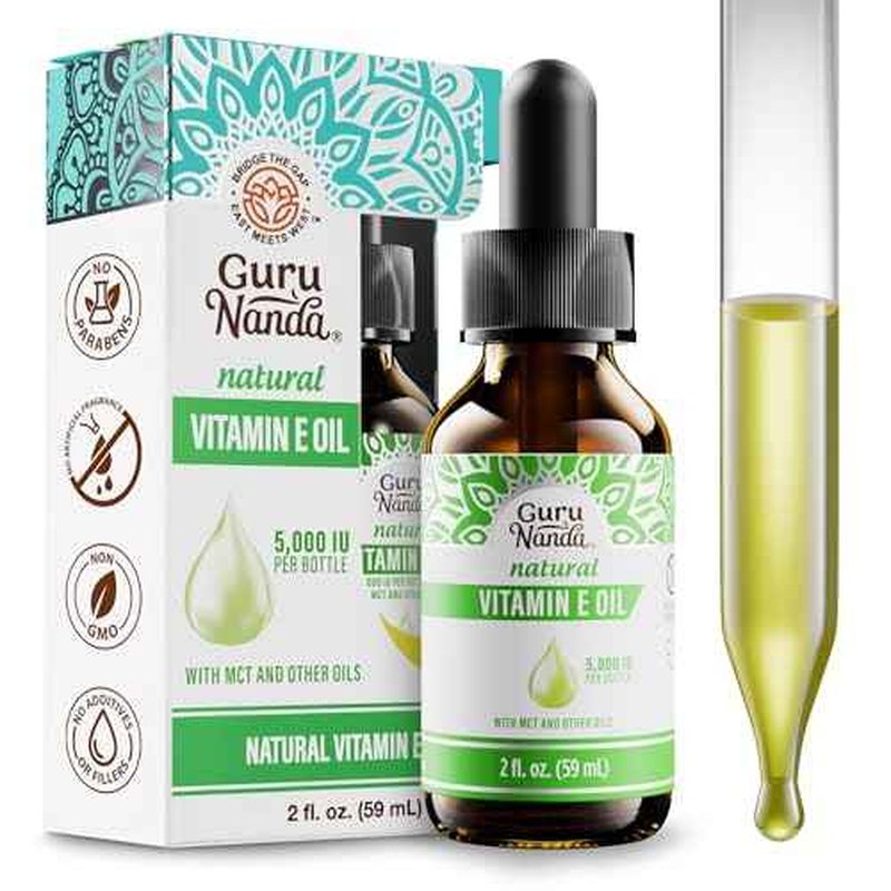 GuruNanda Pure & Natural Vitamin E Oil for Skin, Scars, Face, & Nails, 5,000 IU, With D-Alpha Tocopherol & MCT Oil to Help Enhance Absorption, Non-GMO & Vegan, 2 FlOz