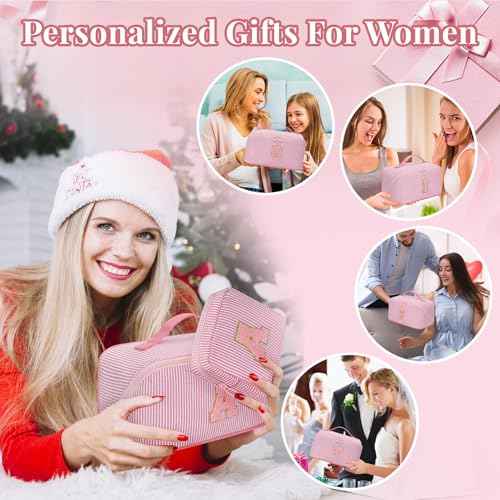 Travel Makeup Bag for Women, 2Pcs Portable Personalized Initial Makeup Organizer Bag, Open Flat Large Cosmetic Bag With Travel Essential Pouch (Pink Letter L)