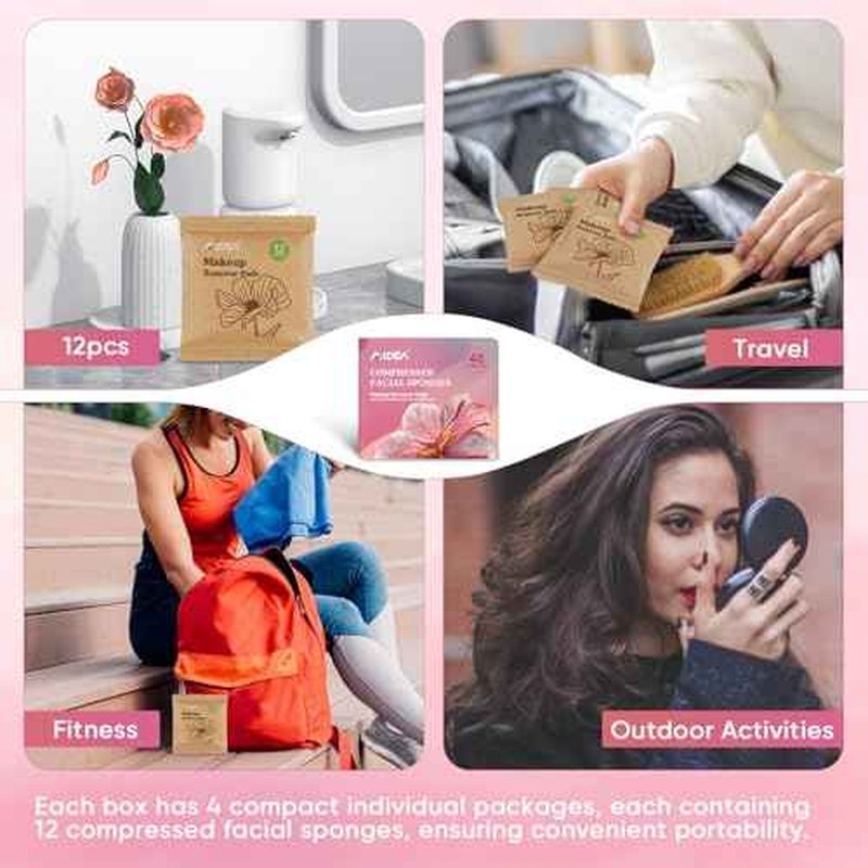 AIDEA 48-Count Compressed Facial Sponges Pink, Face Cleansing Pads, 100% Natural Cellulose Cosmetic Spa Sponges for Facial Cleansing, Exfoliating Pads, Mask Removal, Travel Essentials for Women