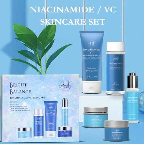 Skin Care Kit for Women, Hydrating Skincare Set Niacinamide+Vitamin C, Daily Routine 5 In 1 W/Facial Cleanser, Toner, Serum, Cream, and Mask, Fragrance-Free, Suit for All Skin Type