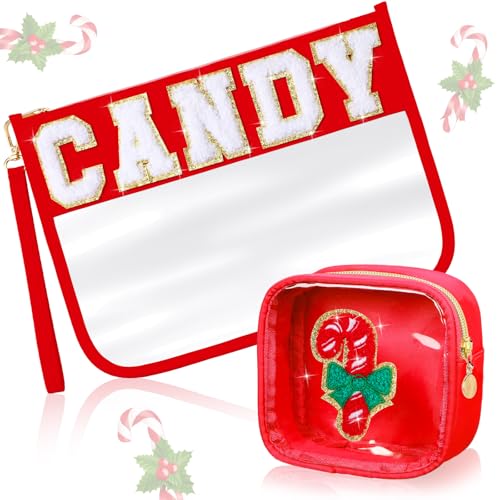 Hillban 2 Pcs Christmas Gifts Chenille Letter Bags Xmas Makeup Cosmetic Bag Clear Toiletry Zipper pouch Candy Canes purse Waterproof Travel Purse Preppy Things for Women Holiday Present