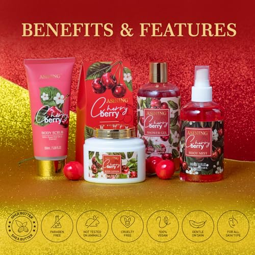 Bath & Body Basket Set, Cherry Fruit Scent Spa Gift Basket with Shower Gel, Lotions for Women Gift Set, Spa Kits for Christmas Valentine's Birthday Gift All Occasion Holiday Gift Idea Luxury Bath Set