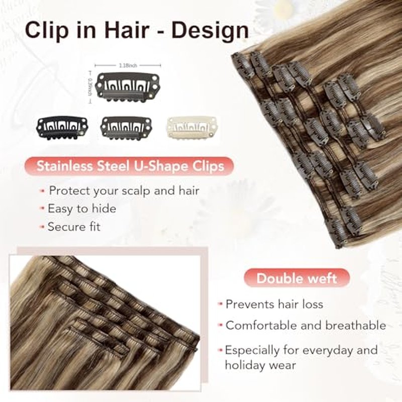 XDhair Clip In Hair Extensions Remy Human Hair 100g 6Pcs Medium Brown #4 Mixed to Caramel Blonde #27 Clip In Real Hair Extensions Silk Stright (#4P27,14Inch)