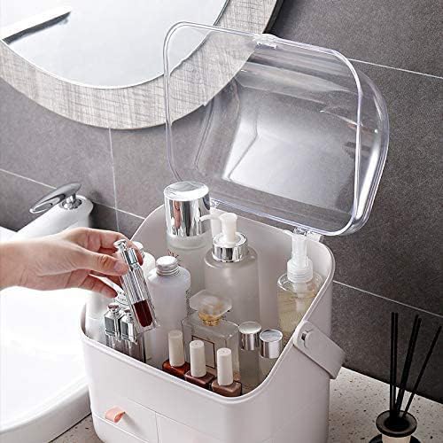 Cosmetic Storage Box - Makeup Organizer with Dust-Free Cover & Portable Handle | Large Display Case with Drawers for Dresser & Bathroom Countertop