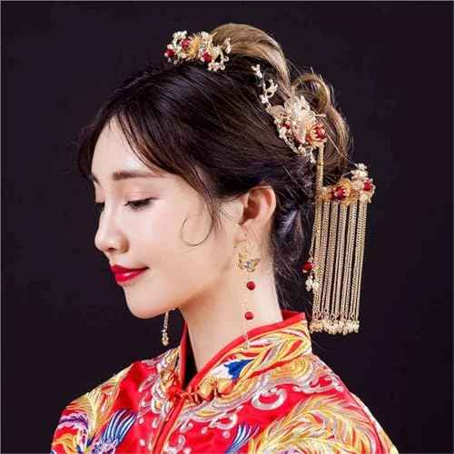 Women Gold Butterfly Hair Comb Traditional Chinese Wedding Headdress Accessories Red Pearl Stick Head Jewelry Bridal Headpiece