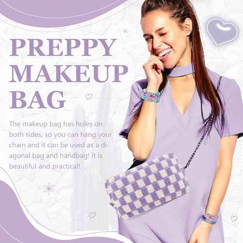 Preppy Checkered Makeup Bag Set with 7 Pcs Friendship Bracelets and 50 Purple Stickers Cute Cosmetic Travel Pouch Teen Girls' Gifts Perfect for Skincare Supplies Birthday Gift Idea, 58 Pcs