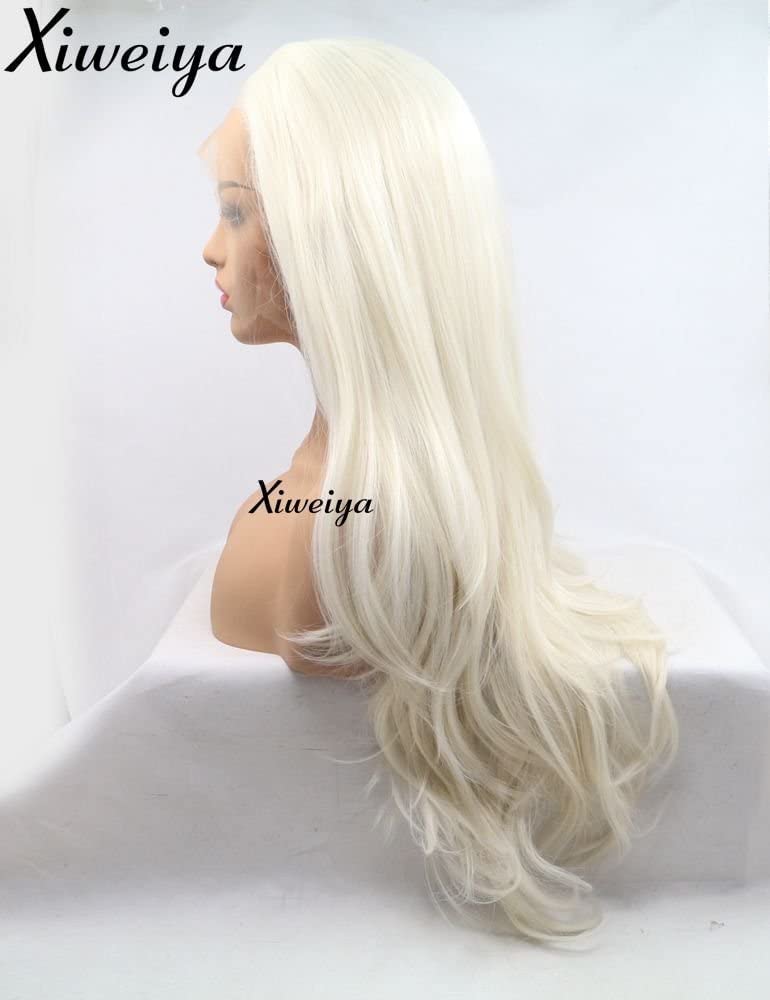Xiweiya wigs Long Platinum Blonde Natural Wavy Wig 60# White Color Cosplay Hair Synthetic Lace Front Wig White Color wig with Heat Resistant Fiber for Women, Drag Queen Family Makeup Party 24 Inch