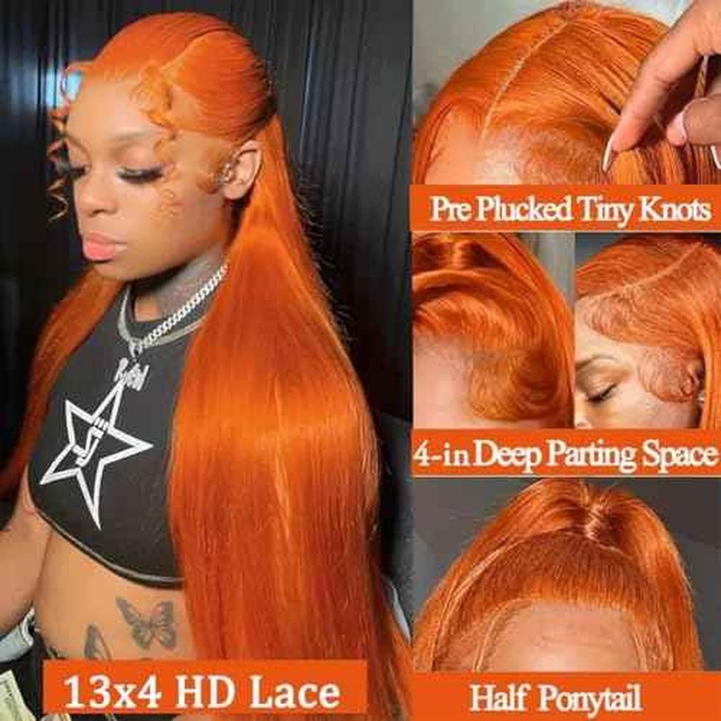 30inch 13X4 Ginger Wig Human Hair Straight Lace Front Wigs 180% Density HD Transparent Lace Frontal Glueless Pre Plucked with Baby Hair 350 Orange Colored Wig