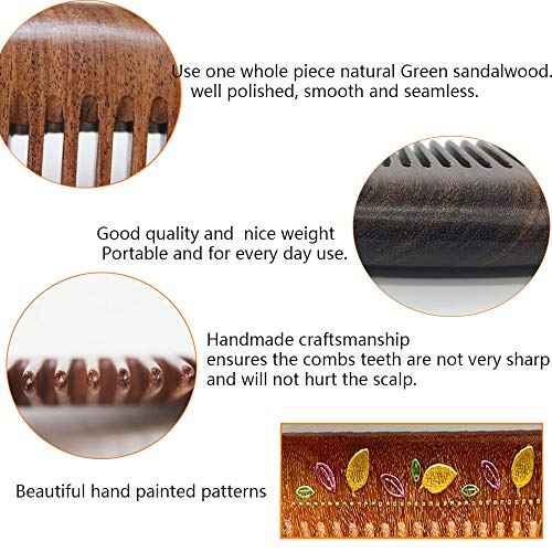 Handmade Swood Hair Comb,Anti Static Natural Hair Detangler for Men Women Kids, No Snag Wooden Hair Comb Without Handle (Fine Teeth flower hand drawing with box)