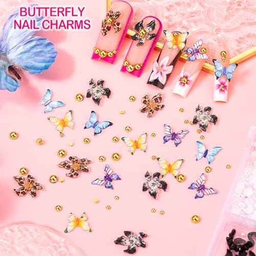 8000pcs 3D Nail Charms and Nail Gems, Cute Nail Rhinestones and Charms Y2K for Nails Nesign, Variety Butterfly Bow Moon Star Flower Junk Case Charms Gold Pearls Nail Jewels for Nail Art Decorations