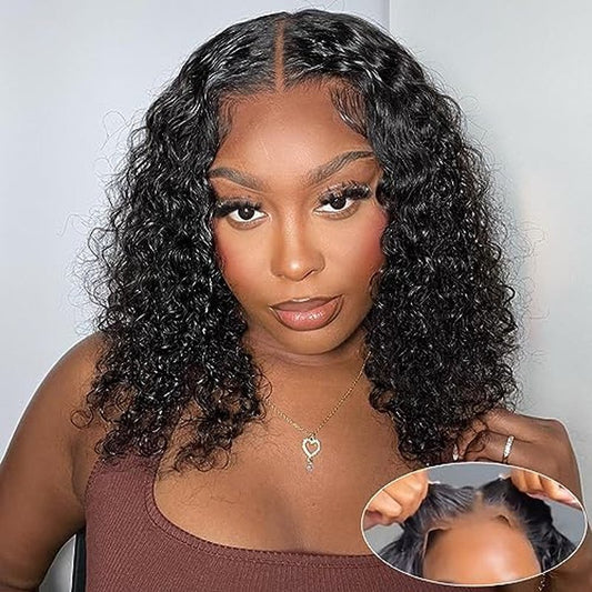Glueless Bob Wigs Human Hair Pre Plucked Pre Cut Curly Human Hair Wigs for Black Women Deep Wave 5x5 HD Lace Closure Wigs Ready to Wear and Go Glueless Wigs 200% Density