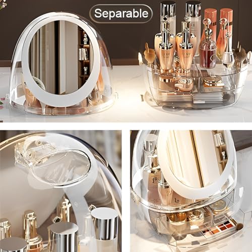 Sooyee Clear Makeup Organizer,Bathroom Counter Organizer, Modern Jewelry and Cosmetic Display Cases with Led Lighted Mirror,Make Up Organizer Stands for Bathroom, Dresser, Vanity Countertop