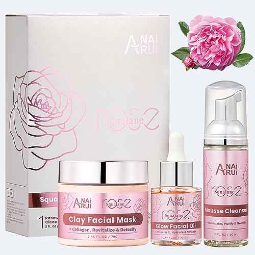 ANAiRUi Rose Skincare Gift Set, Christmas Gift for Women, Facial Skincare Kit for Women, Rose & Squalane Face wash and Moisturizer Set with Clay Mask, Face Cleanser and Facial Oil, Purify, Hydrate