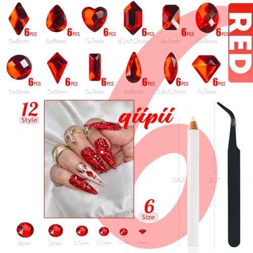 2052Pcs Red Nail Art Rhinestones Multi Shapes Crystal Flatback Rhinestones Gems Siam Red Round Beads K9 Glass Stones Diamonds Jewels Nail Art Supplies Charms for Nails Faces Eyes Makeup Crafts