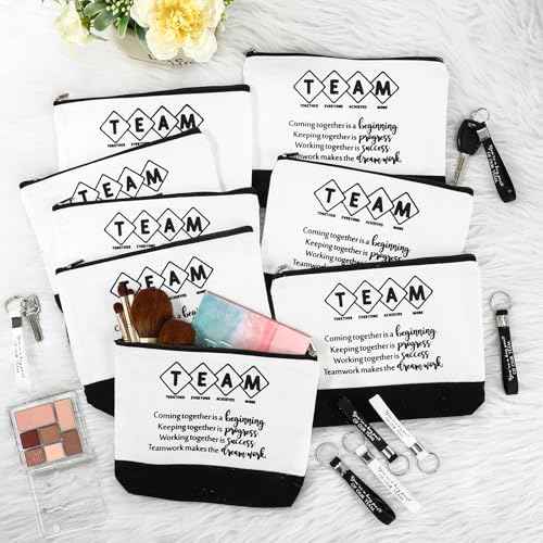 Sanwuta 48 Pcs Canvas Cosmetic Bag Bulk Appreciation Gift Inspirational Canvas Makeup Bags Keychains Set Christmas Party Favors for Teacher Students Employees Coworker Women (Team)