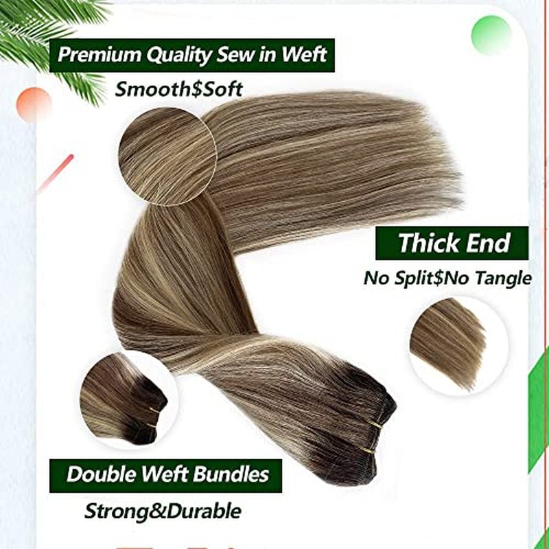 Weft Hair Extensions Human Hair, 16 inch 100g Ash Brown Highlighted Bleach Blonde Sew in Hair Extensions Real Human Hair Hand Tied Weft Hair Extensions Sew In Remy Hair Bundles Weave