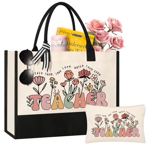 Teacher Appreciation Gifts, Canvas Tote Bag and Makeup Bag Set for Women