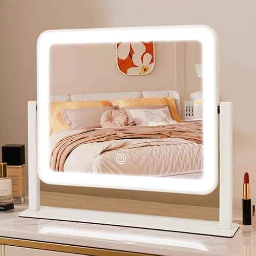 Rechargeable Vanity Mirror with Lights, 14"¡¿12" LED Makeup Mirror, Smart Touch Control, 3 Color Lighting with Adjustable Brightness,Cosmetic Mirror for Bedroom, Vanity Desk, Beauty Routine
