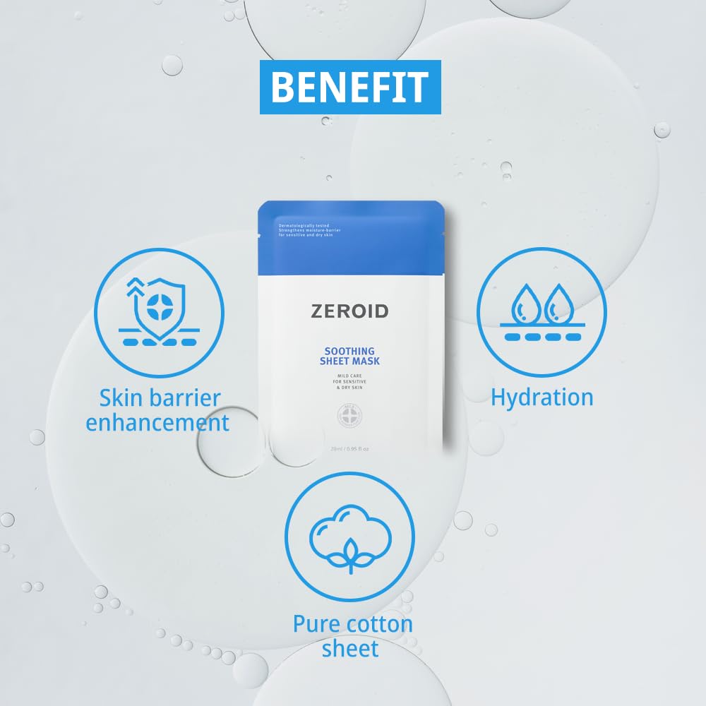 Zeroid Soothing Sheet Mask for Sensitive Dry Skin - Hydrating Korean Face Mask with Hyaluronic Acid & Ceramide | 5 Pure Cotton Sheets