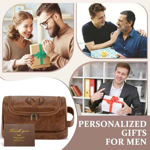 Personalized Gifts Travel Toiletry Bag for Men Him, Laser-Engraved Initial PU Leather Waterproof Shaving Bag Christmas Birthday Gift for Men Dad Husband Boyfriend Groomsmen, Light Brown M