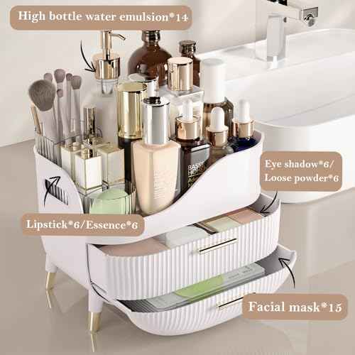 Makeup Organizer for Vanity, Large Capacity Skincare Cosmetic Organizer Countertop with 2 Drawers, Cosmetic Display Cases Makeup Storage Box for Bedroom, Bathroom, Ideal Gifts for Women(White)