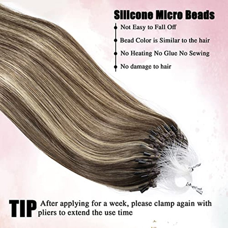 Senmy Micro Link Hair Extensions Human Hair Brown with Blonde Highlight 18inch Micro Beads Human Hair Extensions 0.5g/strand 50g/pack Micro Loop Extensions Human Hair Invisible Beaded Hair Extensions