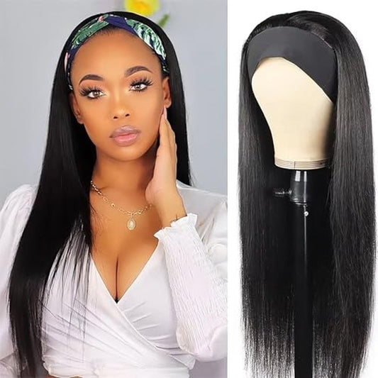 Headband Wig Human Hair Straight 18 inch None Lace Front Human Hair Wigs Machine Made Glueless Straight Headband Half Wigs for Black Women Natural Color
