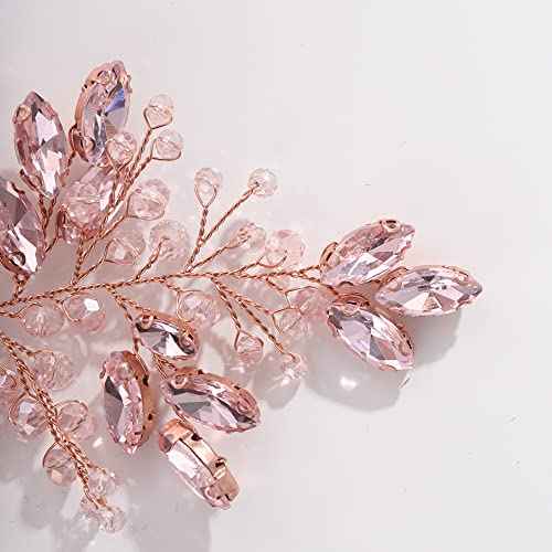 Teyglen Women's Handmade Bridal Hair Vine with Pink Rhinestones and Crystals, Large Headpiece for Brides and Girls