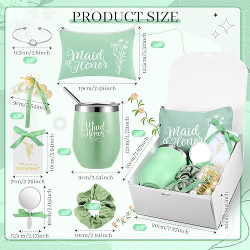 48 Pcs Bridesmaid Proposal Gifts Maid of Honor Proposal Gift Include Box Tumblers Makeup Bag Scrunchie Hair Clip Bracelet Card Mirror for Bridal Shower Bachelorette Party(Green)