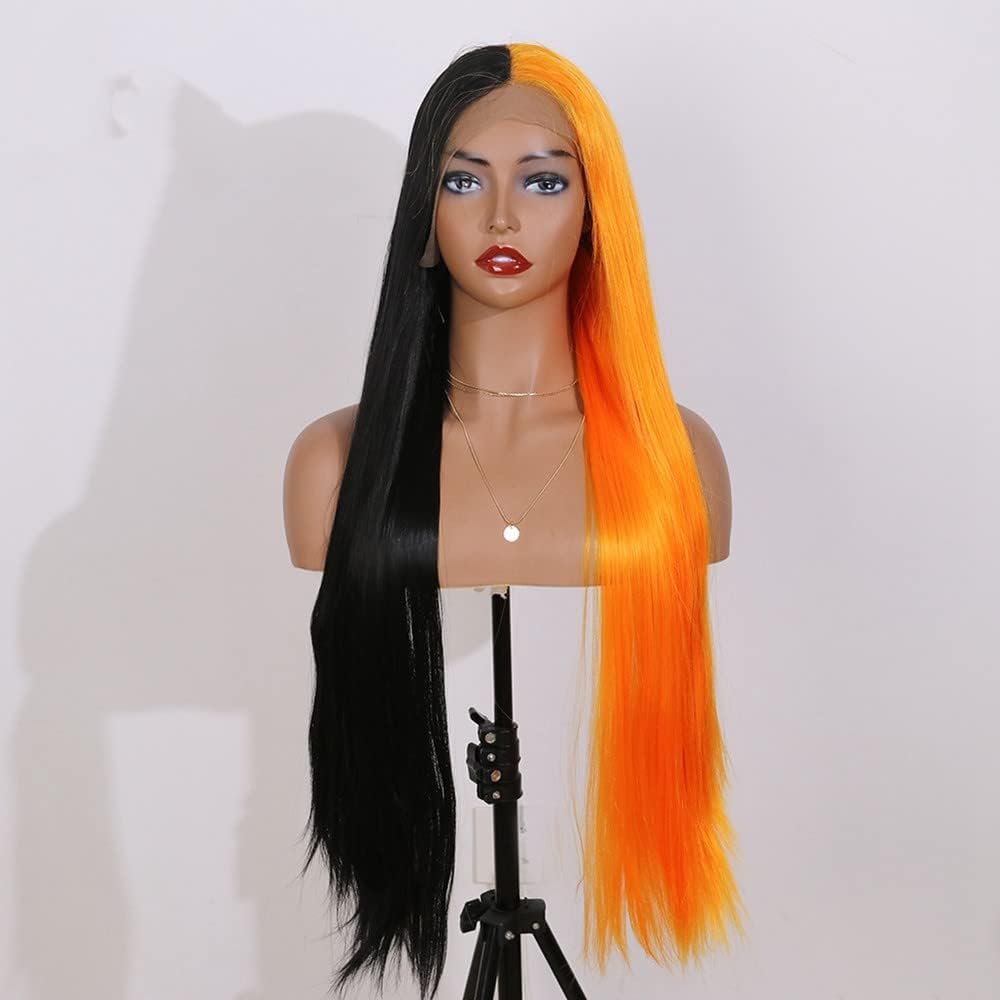melody wig Half Black Half Orange Synthetic Lace Front Wig Long Silky Straight Wigs Heat Resistant Fiber Long Wigs …