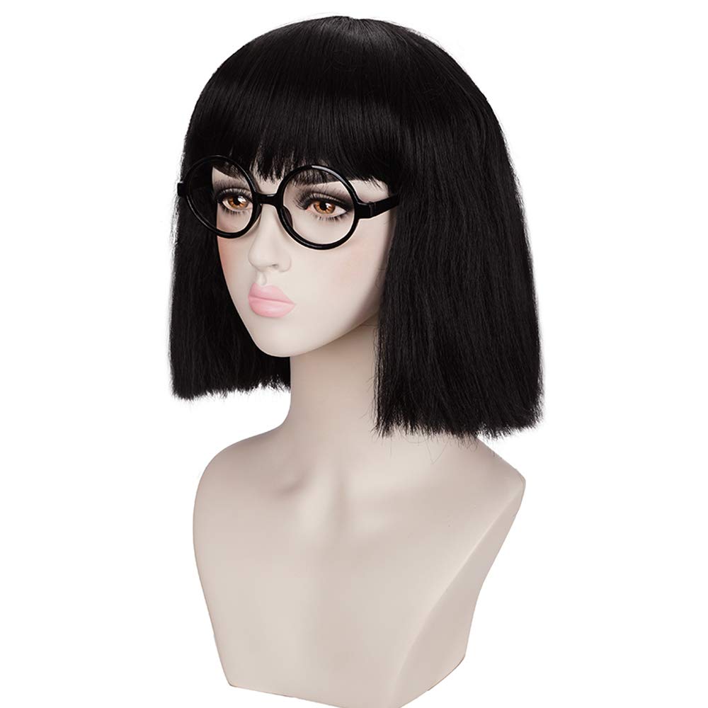 Black Medium Cosplay Wig with Cut Bangs for Women - Includes Glasses Frame
