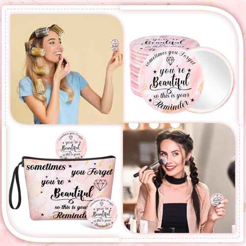 Xuniea 24 Pcs Inspirational Gifts for Women Bulk 12 Motivation Canvas Makeup Bags 12 Round Portable Pocket Mirror for Team Employee Coworker Housekeeping Appreciation Thank You Gifts(Beautiful)
