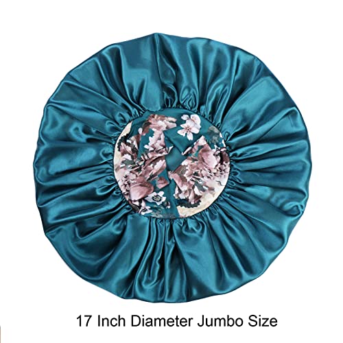 Silk Satin Bonnet Hair Cap: 2pcs 17inch Diameter Extra Large Jumbo Sleeping Satin Bonnets with Comfortable Flower Band - High Density Bonnets for Women Braids Curly Night Cap (Purple & Teal)