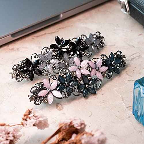 Elegant Hair Clips for Women and Girls Fashion Sparkly Glitter Rhinestones Hair Barrettes Flower Hairpin Hair Accessoires (Pink&Dark Blue/Black&Gray Flowers)