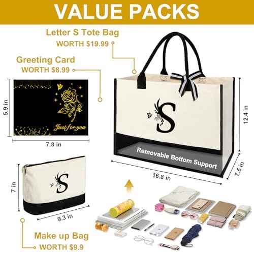 Personalized Gifts for Women - Initial Canvas Tote Bag & Makeup Bag, Custom Bags for Beach, Christmas, Wedding, Birthday, Holiday, Monogram Birthday Gifts for Women, Mom, Wife, Teacher, Friend - S