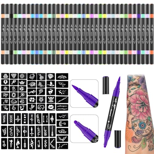 Ponhey Temporary Tattoo Markers for Skin, 36 Body Markers+67 Large Tattoo Stencils,Dual-End Tattoo Pens,Fine Lines with Cosmetic-Grade,Flexible, Skin-Safe Face Paint Kit for Kids Teenage Adults