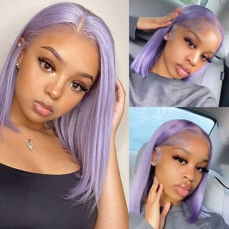 Lilac Lace Front Wigs Human Hair,13x4 Glueless HD Lace Bob Wigs Human Hair Pre Plucked Hairline with Bleached Knots Straight Brazilian Virgin Hair 10" 150% Density Purple Short Bob Wigs for Women