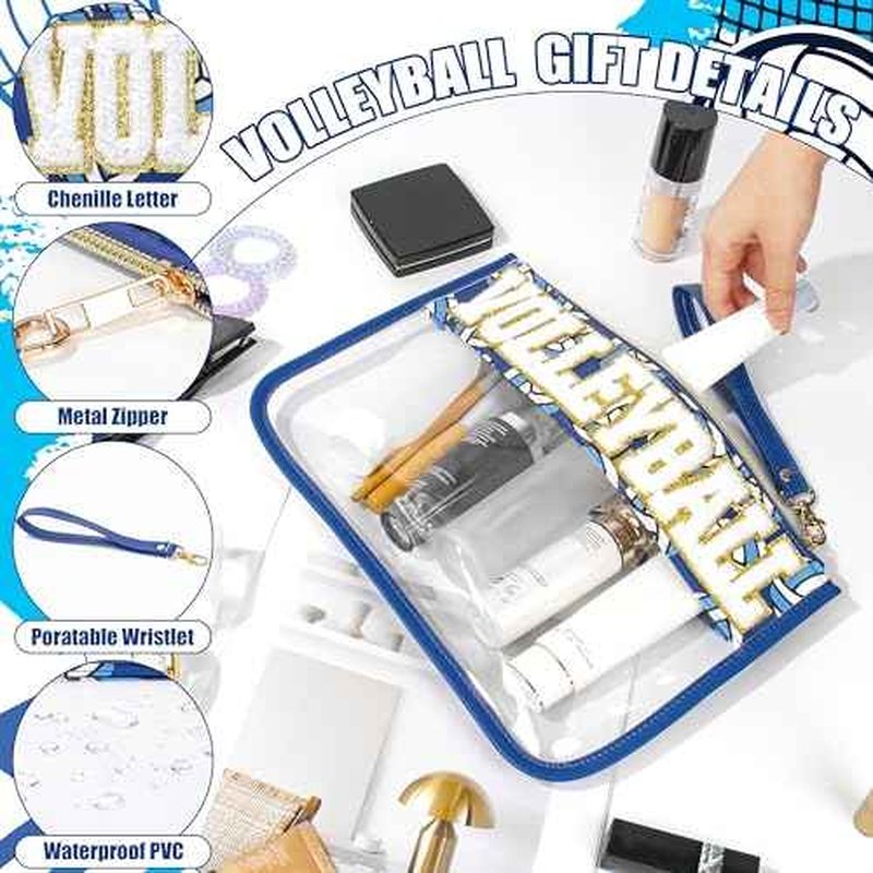 Volleyball Gifts Makeup Bag with Chenille Letter Patch, Clear Cosmetic Pouch PVC Organizer Purse, Waterproof Travel Bag, Portable Toiletry Storage Bag for Her Friends