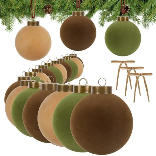 IPOPU 15PCS 3.15" Velvet Christmas Balls with 10PCS Velvet Bows Christmas Tree Ornaments Set Flocked Christmas Balls for Xmas Decorative Hanging Ornaments(Brown, Green, Khaki)
