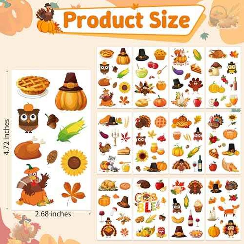 117PCS Thanksgiving Temporary Tattoos for Kids, 9 Sheets Thanksgiving Stickers Turkey Pumpkin Leaves Nuts Patterns, Fall Tattoos Stickers for Harvest Gathering Party Favors Accessories Decorations