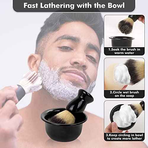 Mens Shaving Brush and Bowl Set, 3 in 1 Shaving Brush Set for Men with Shave Brush Bowl ABS Stand with Razor Slot, Perfect Father's Day Men Gift Set for Wet Shaving Experience - Black