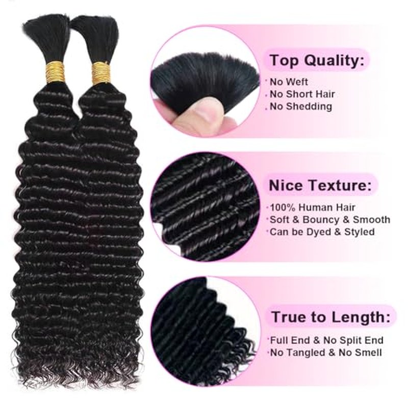 Human Braiding Hair for Boho Braids Curly Deep Wave Bulk Human Hair for Braiding 100% Human Hair for Braiding Hair Wet and Wavy Boho Knotless Braids Hair No Weft 2 Bundles/Pack 20 Inch