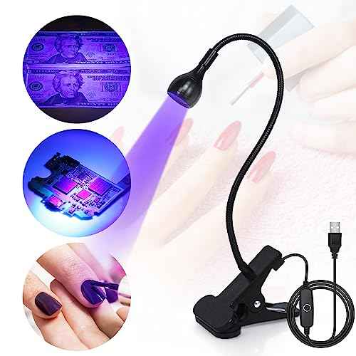 UV Nail Lamp - UV Light for Gel Nails, LED Gooseneck Flash Cure Lamp for Nails, Manicure Dryer Black Light with Clamp, 365+395nm Wavelength 5V 3W 4 Levels Dimming