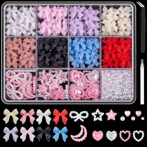 600 Pcs 3D Nail Charms and Flatback Pearls Set 1, 8 Colors Nail Bow Charms + Pink&White Star Heart Moon Cute Nail Charm Jewels + 2-4mm White Nail Pearls for Nail Art DIY Decoration with Pickup Tools