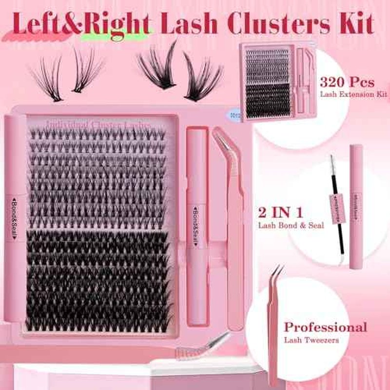 Lash Extension Kit DIY 320pcs Lash Clusters Eyelash Extension Kit, 9-16mm 20D 50D Individual Lashes Kit with Lash Bond and Seal, Lash Tweezers for Self Use (20D&50D, 9-16mm, Kit)