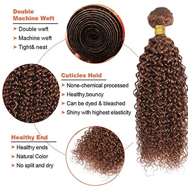 Brown curly Bundles Color #30 Human Hair Bundles Light Kinky Curly Bundles 14 16 18 Inch Mixed Length 3 Bundles Real Brazilian Virgin Auburn Human Hair Extensions Color #30 KInky Curly Bundle