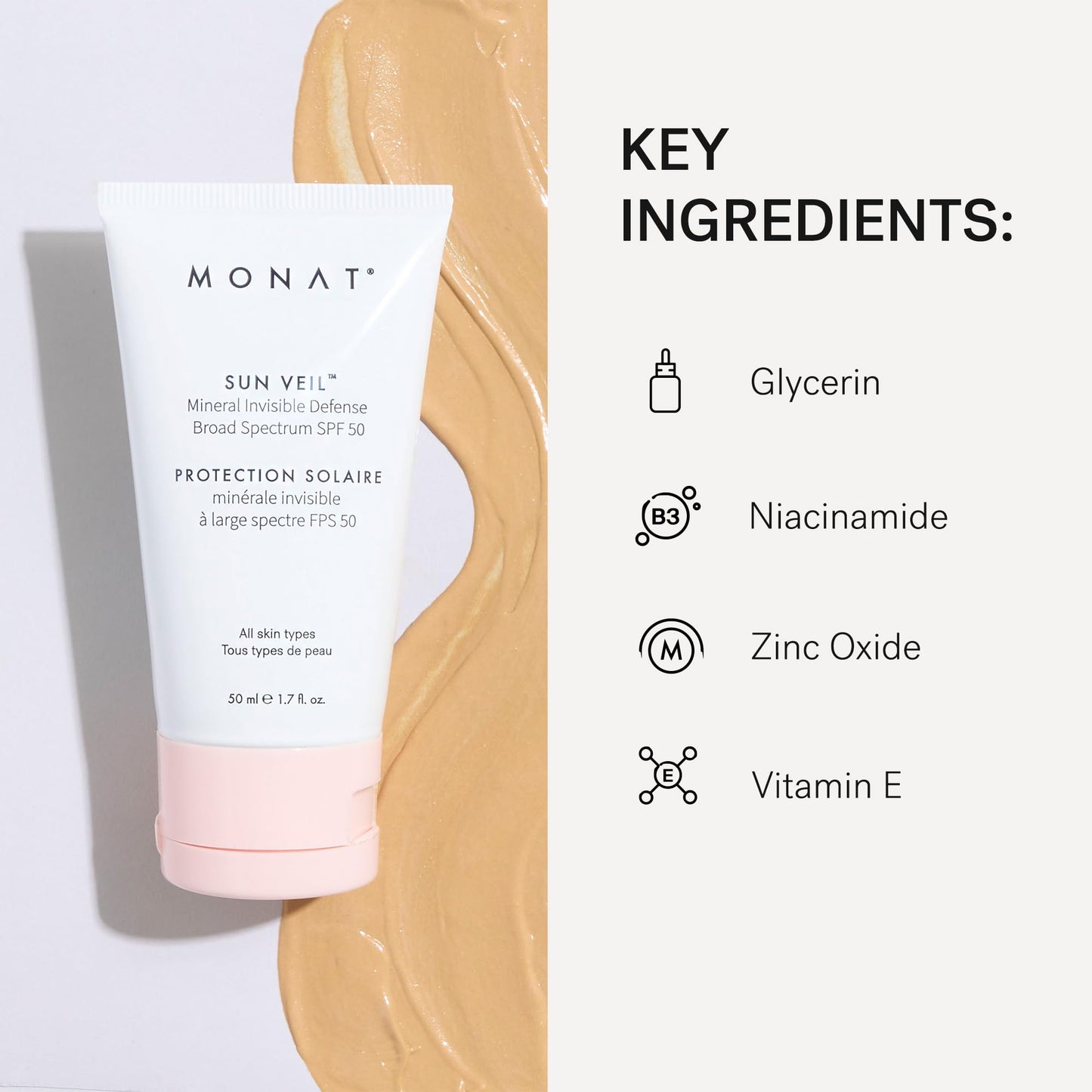 MONAT Sun Veil Mineral Sunscreen for Face SPF 50, Tinted Invisible Defense, Broad Spectrum Oil Free Facial Sunscreen with Zinc Oxide, Niacinamide & Vitamin E, 1.7 Fl Oz